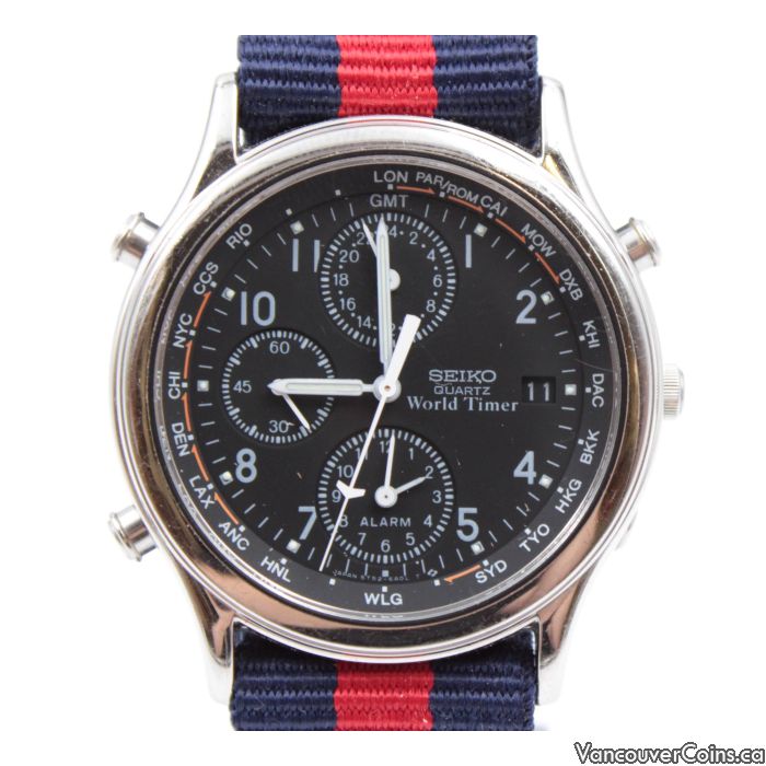 Seiko World Timer Quartz 5T52 6A10 Alarm GMT Mens Vintage Watch