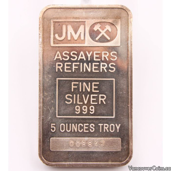 5 oz JM Johnson Matthey 5 Troy Ounces Fine Silver 999 Bar Serial 008843