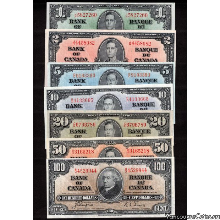 1937 Canada banknote set $1 $2 $5 $10 $20 $50 $100 all 7-Choice AU/UNC ...
