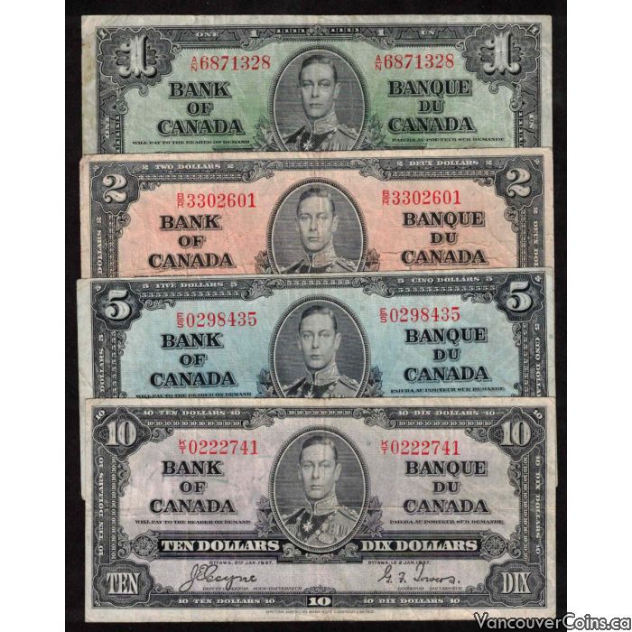 1937 Canada $1 $2 $5 $10 banknote set all Coyne Towers FINE ...