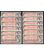 12 x Canada 1954 $2 banknotes mixed signatures and prefix VF to VF+