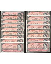 17 x Canada 1954 $2 banknotes mixed signatures and prefix AU+ to Choice AU