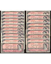 20 x Canada 1954 $2 banknotes mixed signatures and prefix FINE or better