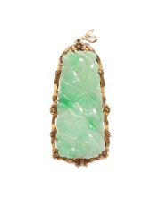 Jadeite Burmese Jade carved pendant brooch blossoms birds 14K yg 