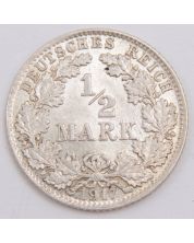 1917 D Germany 1/2Mark silver coin Choice AU/UNC or better