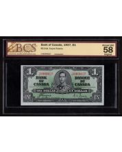 1937 Canada $1 banknote Coyne Towers Y/M 0969627 BCS AU58