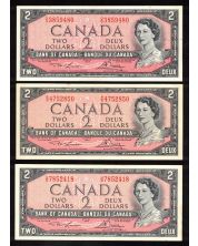 3 x Canada 1954 $2 banknotes Lawson Bouey O/G R/G U/G Choice UNC