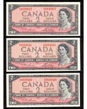 3 x Canada 1954 $2 banknotes Lawson Bouey O/G R/G U/G Choice UNC
