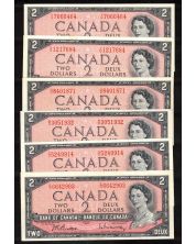 6 x Canada 1954 $2 notes Beattie Rasminsky E/U O/U R/U U/U V/U Y/U CH UNC