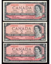 3 x Canada 1954 $2 banknotes Beattie Rasminsky L/R Y/R U/R Choice UNC