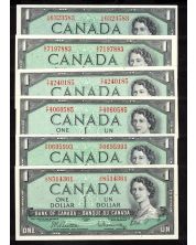 6 x Canada $1 notes BR F/F J/O K/N P/P T/Y  LB A/I   6 notes Choice Uncirculated
