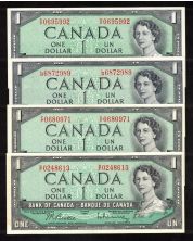4 x Canada 1954 $1 notes Beattie Rasminsky B/F F/F L/M P/P 4 notes Choice UNC