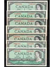 7 x 1954 Canada $1 banknotes 7 notes grading from EF to Choice AU+