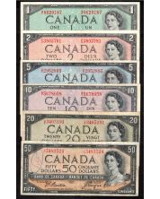 1954 Canada $1 $2 $5 $10 $20 $50/ink banknote set 6-notes VG to VF