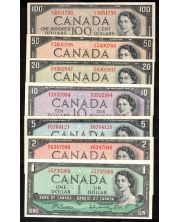 1954 Canada $1 $2 $5 $10 $20 $50 $100 banknote set 7-notes VF to AU