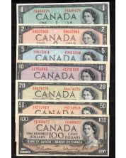 1954 Canada $1 $2 $5 $10 $20 $50 $100 banknote set 7-notes VF+ to AU