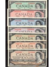 1954 Canada $1 $2 $5 $10 $20 $50 $100 banknote set 7-notes VF+ to EF+