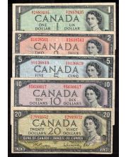 1954 Canada $1 $2 $5 $10 $20  banknote set 5-notes VG to VF