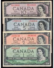 1954 Canada $1 $2 $5 $10  banknote set 4-notes F to VF