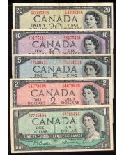 1954 Canada $1 $2 $5 $10 $20  banknote set 5-notes VF