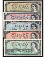 1954 Canada $1 $2 $5 $10 $20  banknote set 5-notes VF