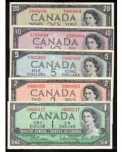 1954 Canada $1 $2 $5 $10 $20  banknote set 5-notes VF+ to EF+