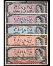 5 x Canada 1954 notes 2x $2 1x $5 2x $10 circulated and/or damaged