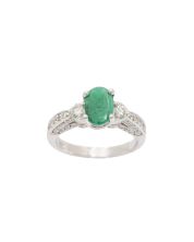 18K White Gold Ring 1.00 ct Oval Emerald with 0.52ct Diamonds Size 6.5 