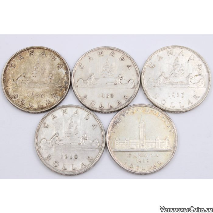 Canadas First Five silver dollars 1935 1936 1937 1838 1939 5coins VF+