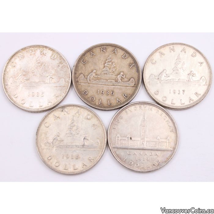 Canadas First Five silver dollars 1935 1936 1937 1838 1939 5coins VF