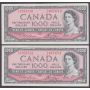 2x 1954 Canada $1000 consecutive banknotes A/K1853710-711