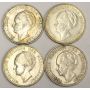 4x Netherlands 1 Gulden Silver Coins 1922 1923 1930 and 1931 