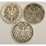 1875 1906 and 1909 Germany One Mark silver coins 3-coins