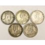 5x Straits Settlements 5 Cents silver coins 1910 2x1918 1919 1926