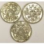 1911 1912 1913 Russia 15 Kopek silver coins 3-coins 