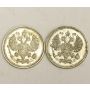 1914 & 1915 Russia 10 Kopeks silver coins EF/AU