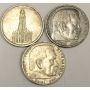 Germany 5 Marks silver coins 1934 VF30 + 1935 EF45 + 1937 VF35  