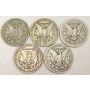 5x Morgan Silver Dollars 1882o 1888o 1889o 1899o 1900o 5-coins