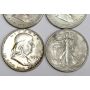 1945s Walking Liberty plus 2x1951s and 1x1959 Franklin Half Dollars 