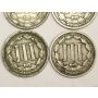 1865 1867 1868 and 1869 Nickel Three Cent Coins USA 4-coins 