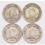 Ceylon 10 cents silver coins 1919 1927 and 2x1928 4-coins