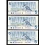 21x 1986 Canada $5 consecutive notes Thiessen Crow GNP3132445-65  UNC+