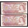 2X 1974 Canada $2 banknotes Lawson Bouey BB0253738-39 Gem UNC