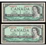 2x 1954 Canada $1 consecutive notes Lawson Bouey Y/F5406779-80 CH UNC+