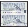 2x 1986 Canada $5 consecutive notes Knight Dodge ANS7281280-81 Choice UNC