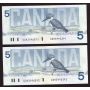 2x 1986 Canada $5 dollar consecutive banknotes UNC63
