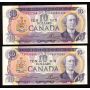 2x 1971 Canada $10 notes Lawson Bouey TA2521243 & 6778243 CH UNC