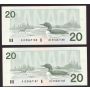 5-notes 1991 Canada $20 consecutive banknotes AIE GEM UNC65