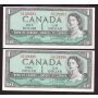 2x 1954 Canada $1 consecutive Bouey Rasminsky T/F5126290-91 CH UNC