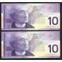 2x 2000 Canada $10 consecutive notes Knight Theissen FDT1088119-20 CH UNC
